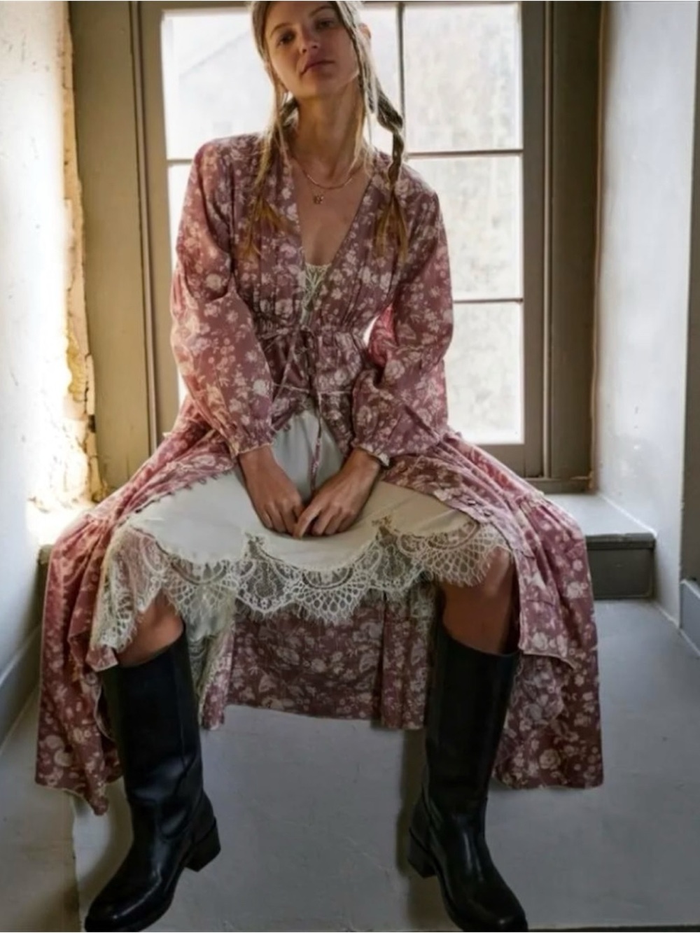 Free People Pappiet Dusty Rose Boho Midi Dress Size Small